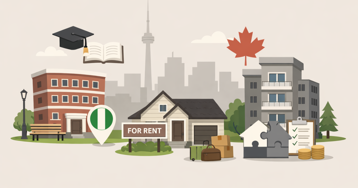Simple illustration of housing options in Canada for Nigerian students including student dormitory, apartment building, and rental house with Canadian symbols